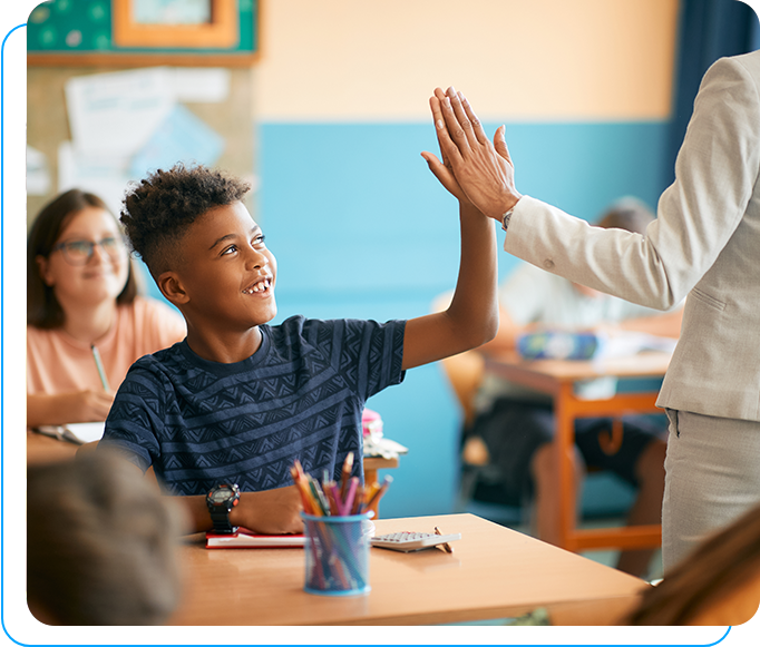 A boy giving another person high five in front of him.